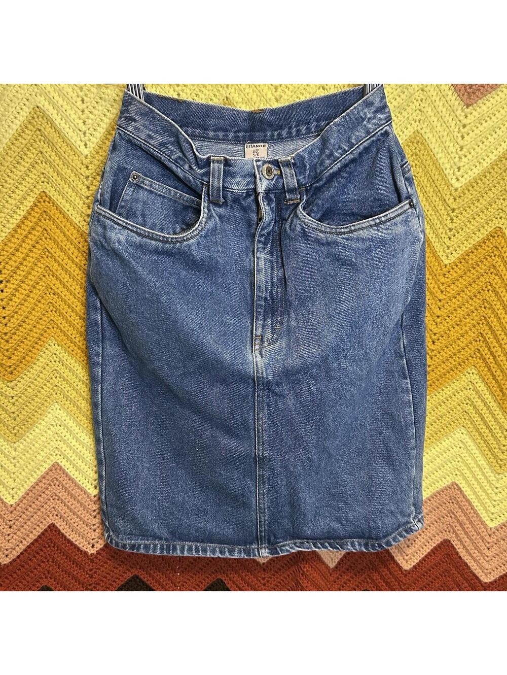 Gitano Vintage Denim Jean Skirt Blue Midi Knee Length Sz 5/6 80s VTG Grunge